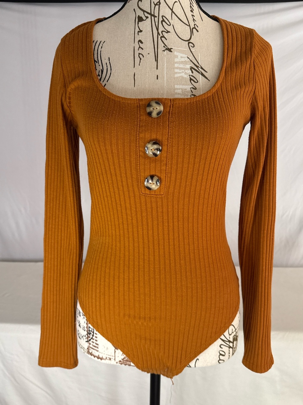 Fashion Nova Ribbed Square-Neck Button Front Bodysuit - Rust Orange